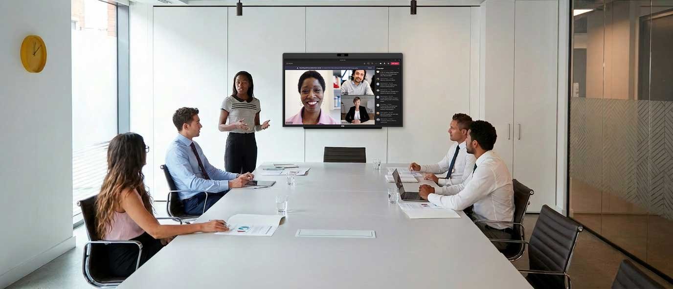DTEN D7X AI Board display in a Microsoft Teams Room office meeting