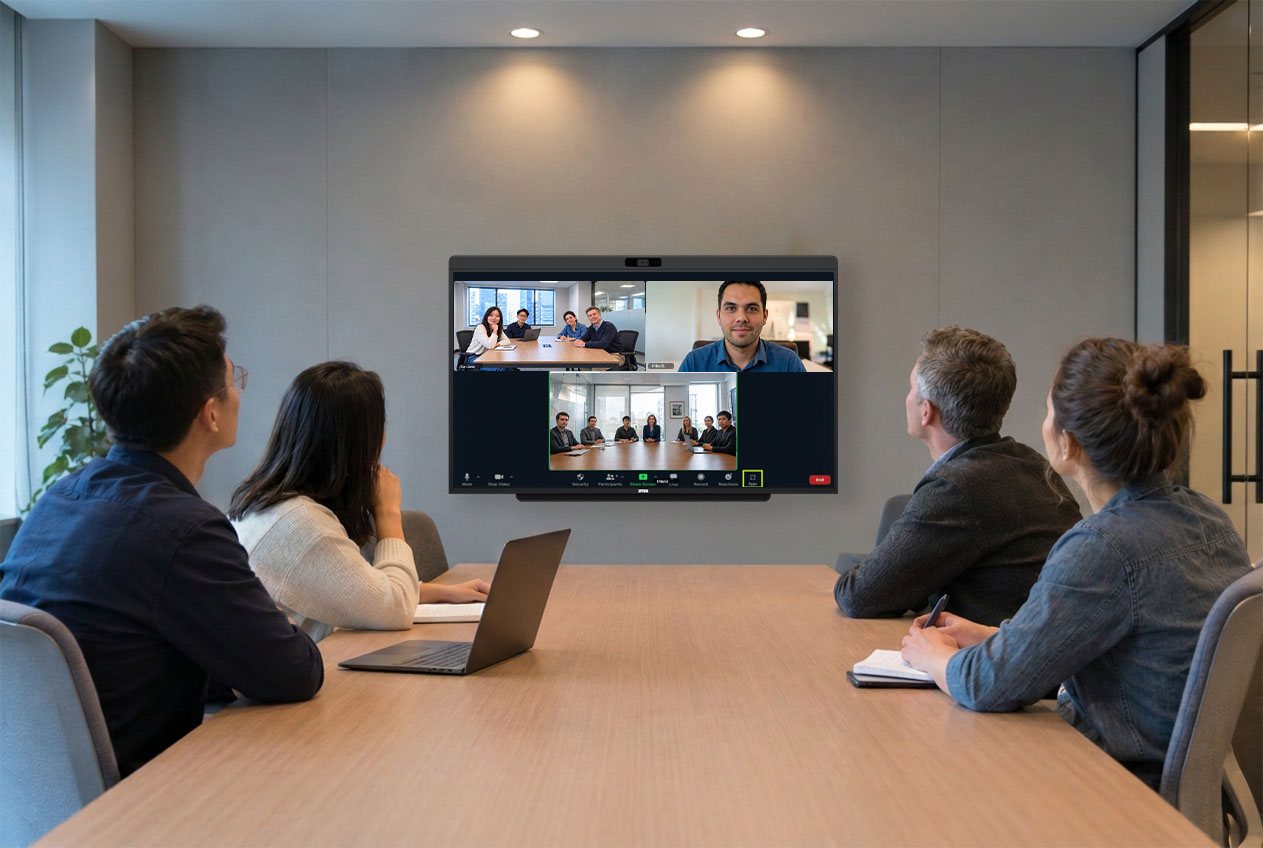 The same meeting room with the DTEN D7X AI Board: each person framed individually