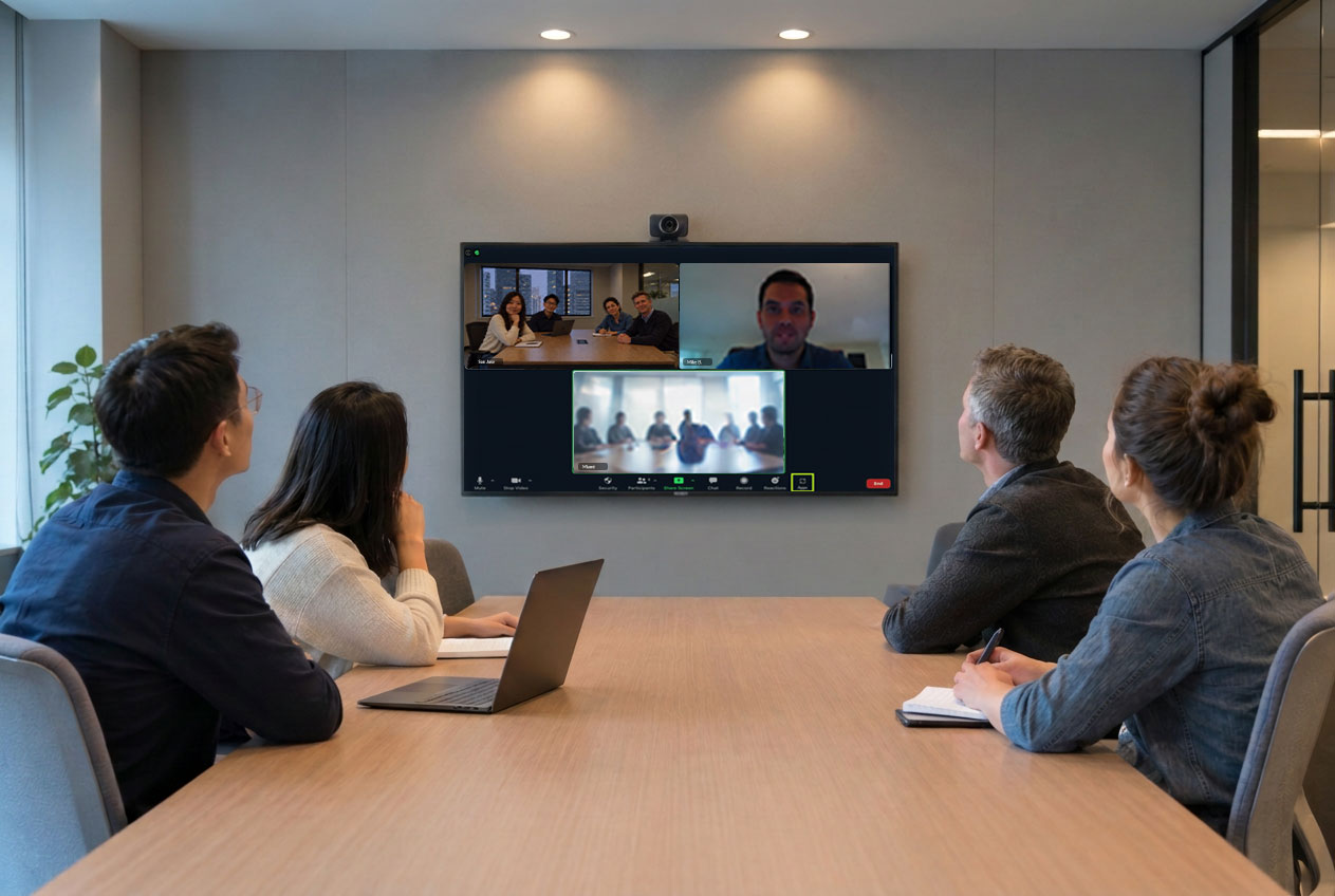The same meeting room with a generic room camera: remote participants share one wide frame