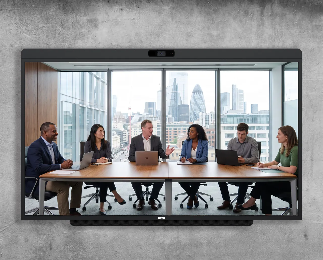Backlit office window silhouetting meeting participants