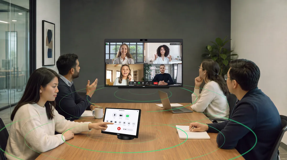 Conference room with microphone pickup range visualised