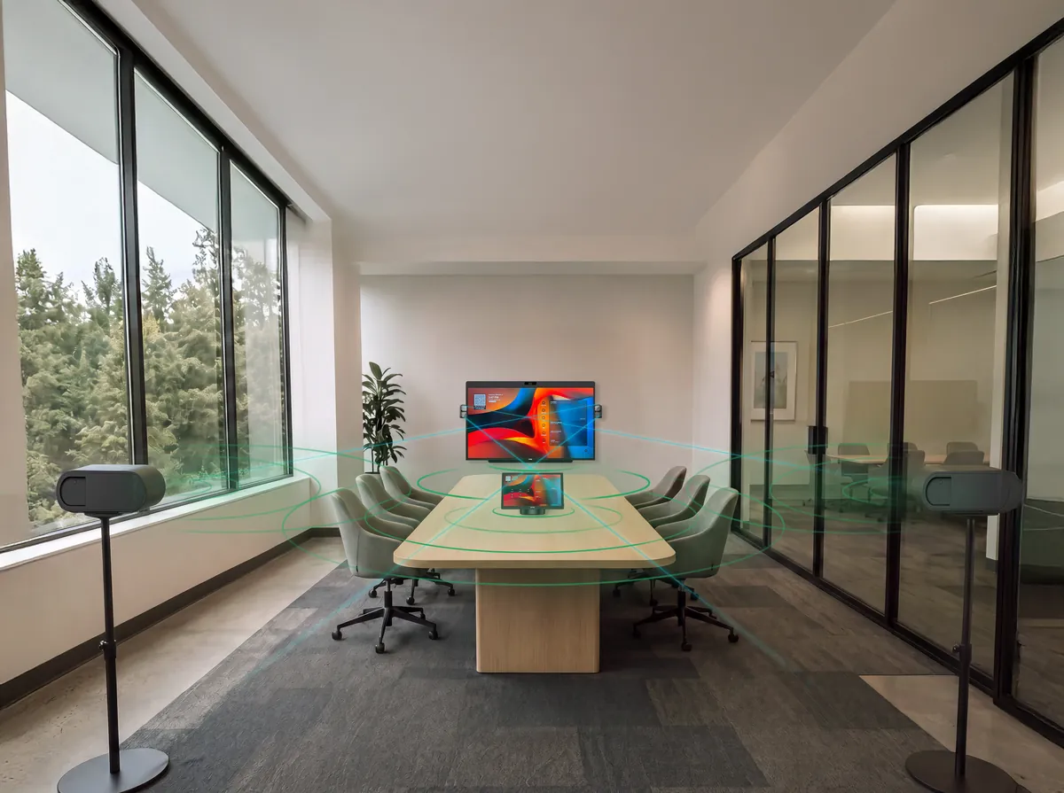 Large conference room with DTEN D7X AI Board, Mate Gen 2, and Vue Pro cameras showing audio coverage