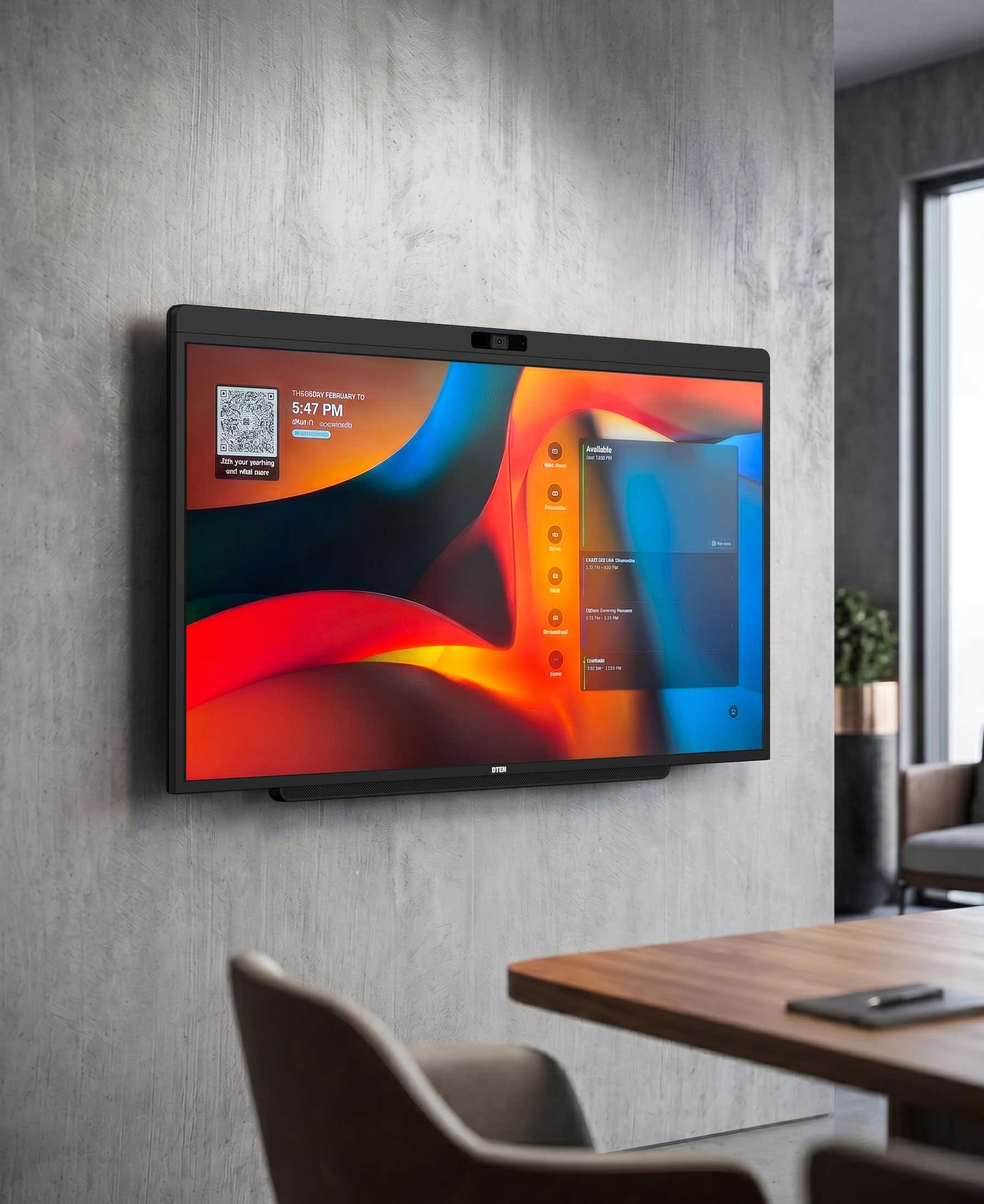 DTEN D7X AI Board wall-mounted in a premium meeting room showing the home screen